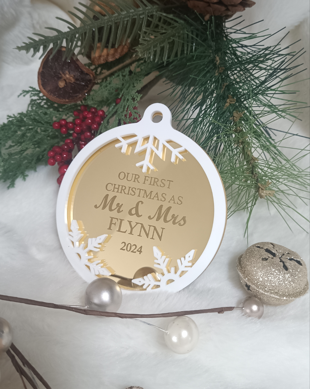 Engraved Snowflake Acrylic Custom Wording Bauble