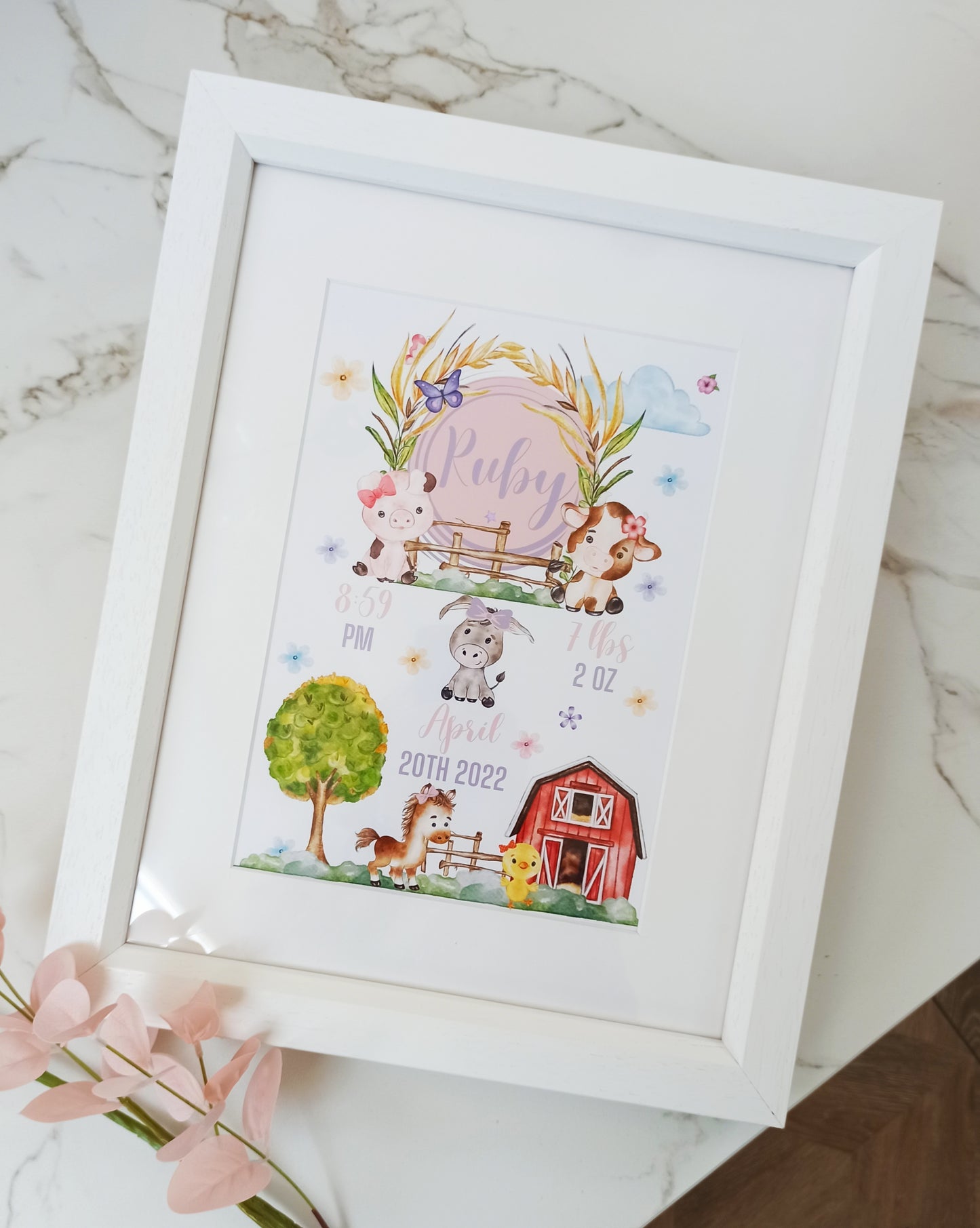 Baby birth details frame, farm theme