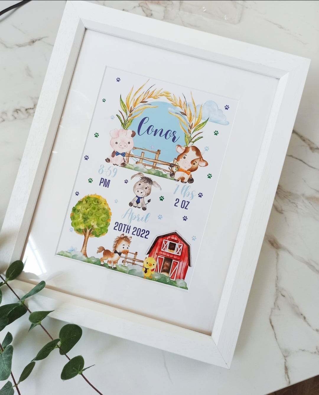 Baby birth details frame, farm theme